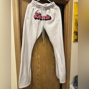 Fashion Nova White Joggers with Pink Dramatic Design
